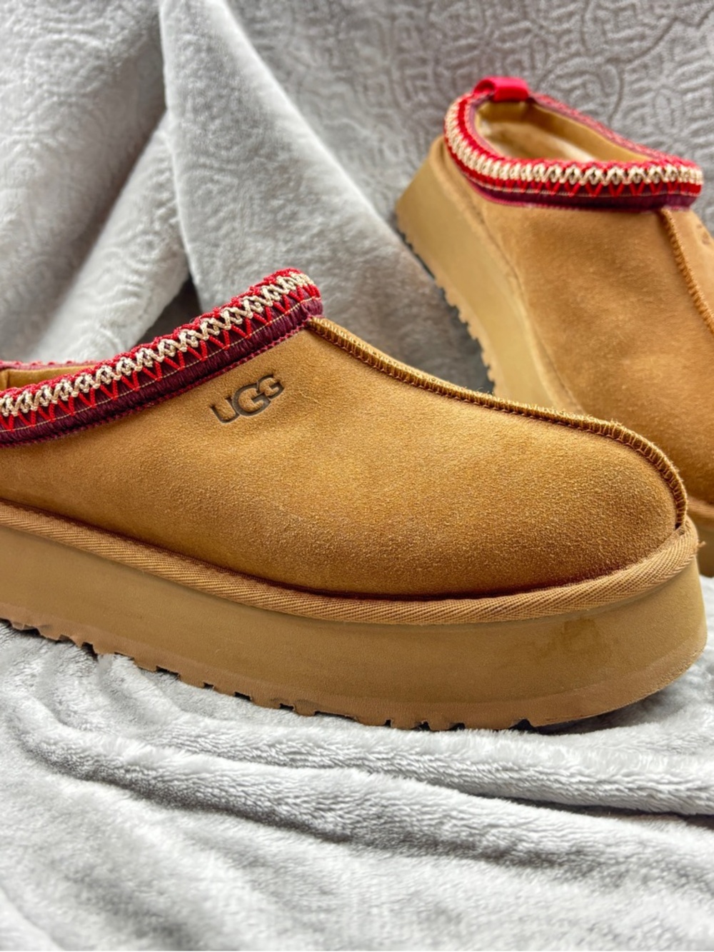 UGG Chestnut Suede Platform Slip-On with Red Trim